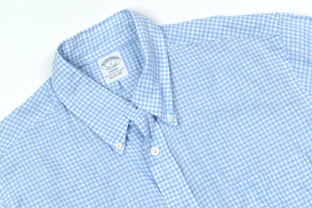 Brooks Brothers REGENT Linen Shirt Mens Large Blue Check Long Sleeve Button-Down